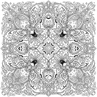 Dive into a world of shadowed beauty with this intricate dark fairy mandala. This complex design features mysterious fairies, celestial symbols, and gothic botanical elements, perfect for a relaxing coloring escape.