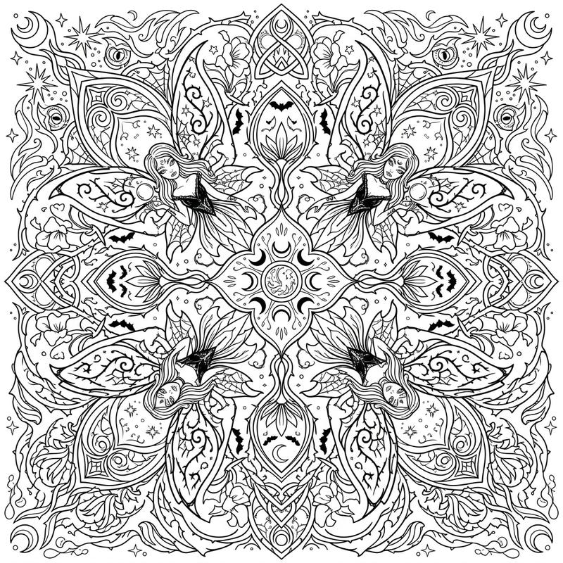 Dive into a world of shadowed beauty with this intricate dark fairy mandala. This complex design features mysterious fairies, celestial symbols, and gothic botanical elements, perfect for a relaxing coloring escape.