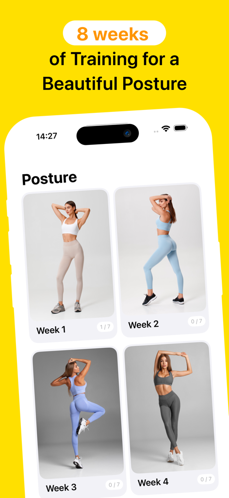 Screenshot of the Posture app showing an eight week training program with images of exercise progress