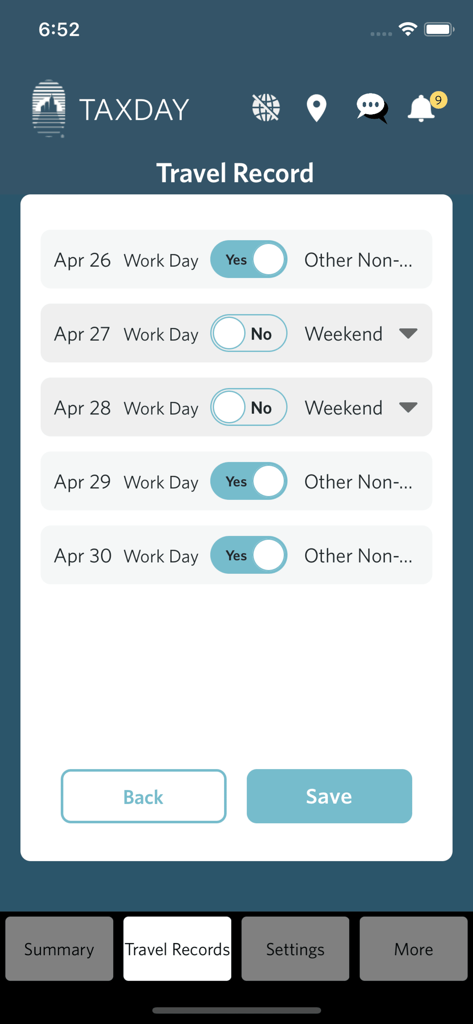 TaxDay app screen for managing daily travel records and work day status for tax residency compliance