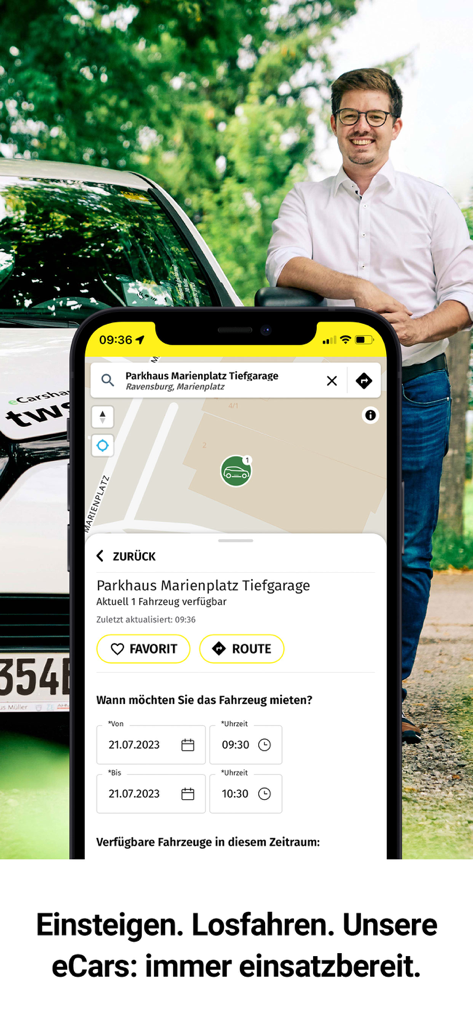 tws.mobil - tws mobilアプリのインターフェースがRavensburgでのE-Carシェア予約オプションを表示。