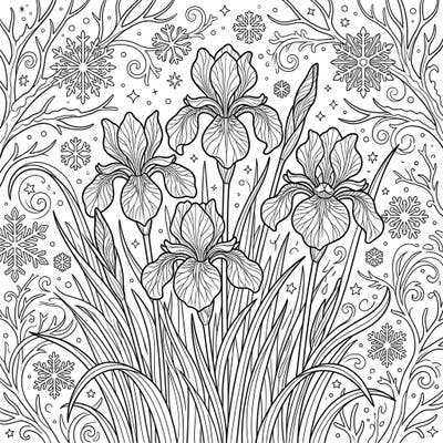 Unveil the delicate beauty of Siberian Irises blooming gracefully within a frosty winter wonderland. This enchanting coloring page invites you to bring a touch of seasonal elegance to life with your favorite colors.