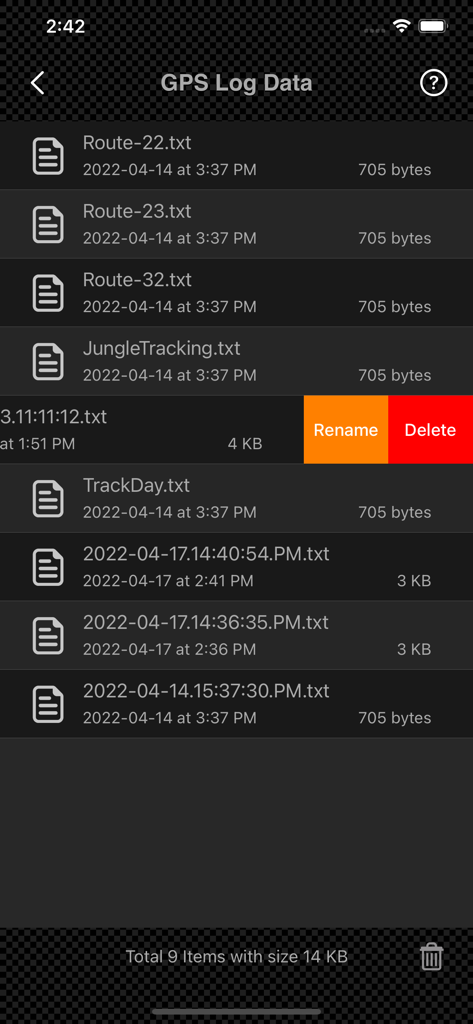 Interface mostrando uma lista de arquivos de registro GPS salvos com opções para renomear e excluir.