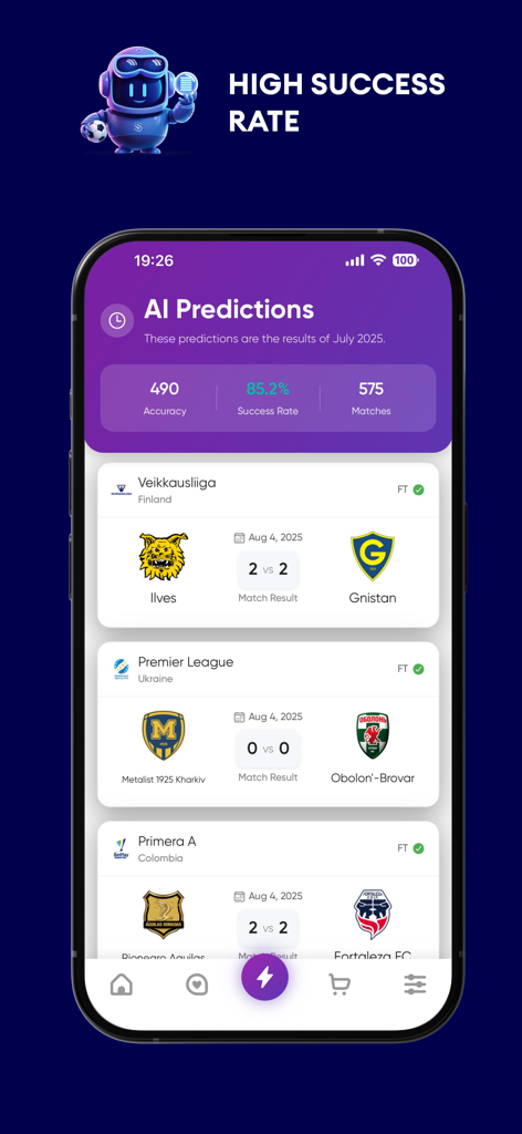 Super Score AI - Tips - Mobile app interface of Super Score AI showing soccer match predictions with an 85.2 percent success rate