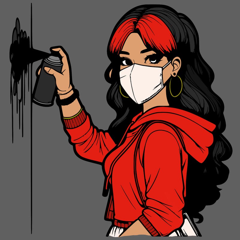 realistic girl with mask spray painting a wall