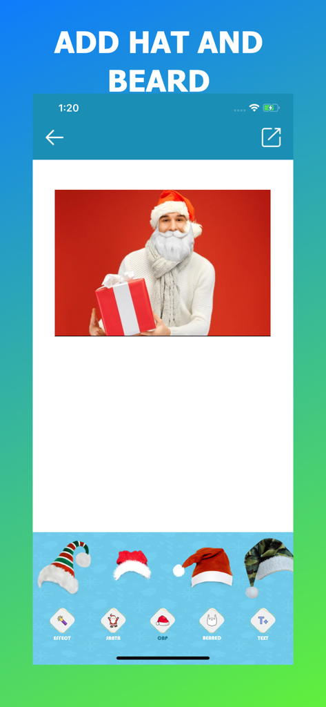 Mobile app screen showing a man with a digital Santa hat and beard holding a gift box