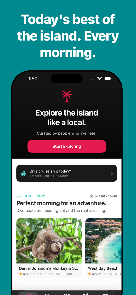 Roatán Insider - La pantalla de inicio de la aplicación Roatan Insider con recomendaciones curadas de la isla y un modo especial para pasajeros de cruceros.