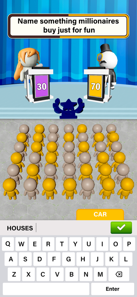 Pantalla de juego de un concurso de trivia que hace una pregunta sobre compras de millonarios con personajes en 3D