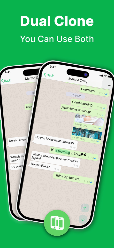 Screenshot showing the Dual Clone feature of the Messenger Duo Web app allowing two separate chat accounts on one phone