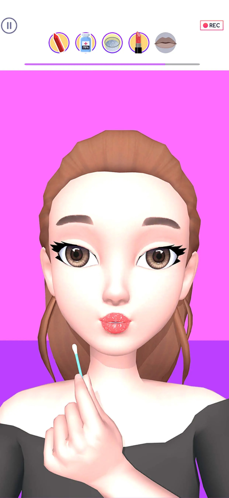 DIY Makeup - A character applying sparkly pink lipstick with a cotton swab in the DIY Makeup mobile game