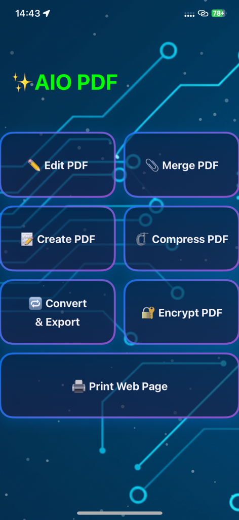 Main menu of the AIO PDF app showing options to edit merge create and compress PDF documents
