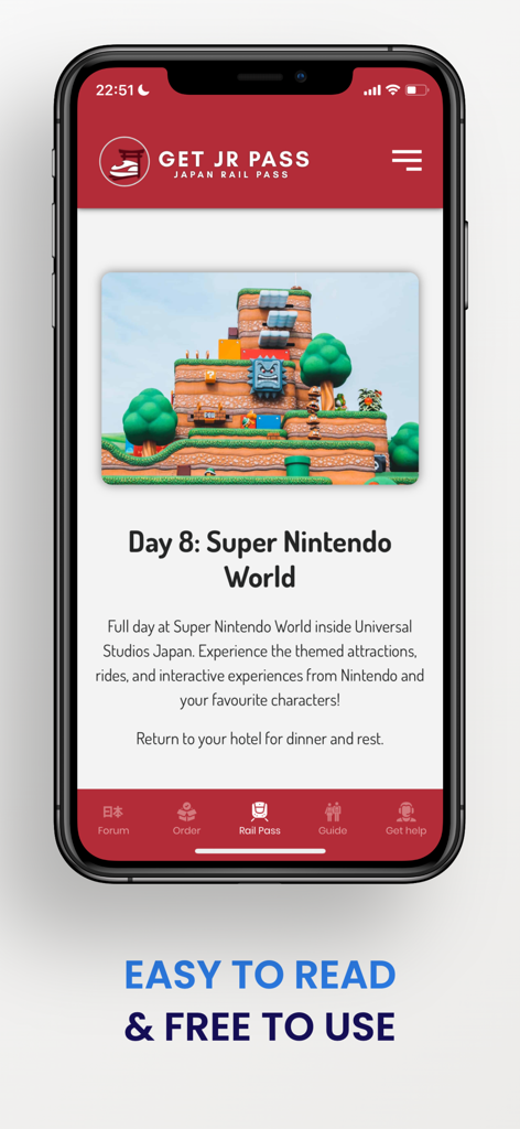 Japan Rail Pass - by Getjrpass - Interface do aplicativo Japan Rail Pass mostrando um guia de viagem para o Super Nintendo World