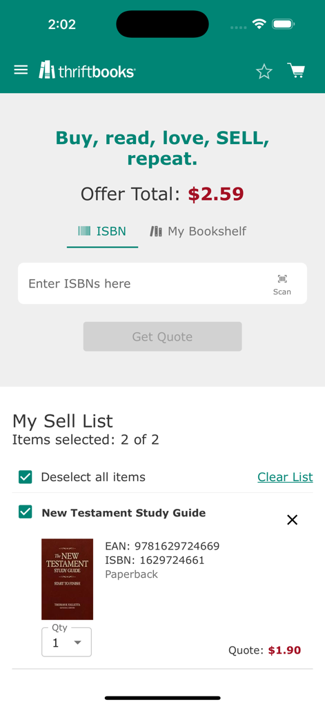 Interfaz de la aplicación ThriftBooks para vender libros usados con escáner ISBN
