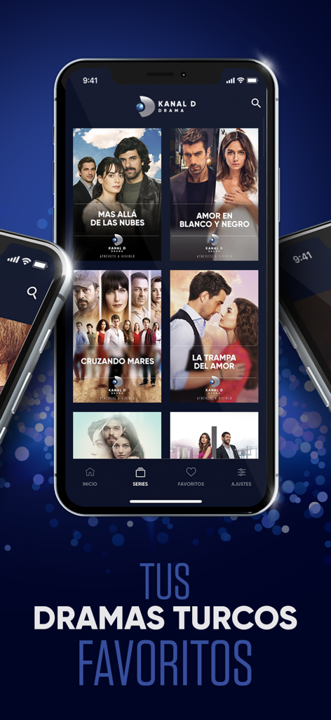 Pantalla de inicio de la aplicación móvil Kanal D Drama que muestra una biblioteca de series turcas en español