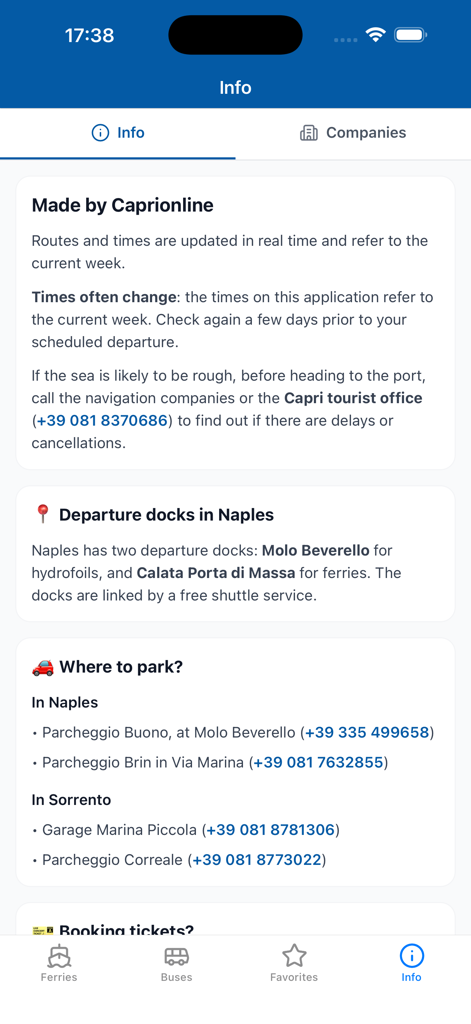 Capri Schedule - Information screen of Capri Schedule app displaying ferry dock locations and parking options in Naples and Sorrento