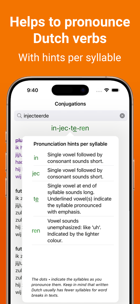 Dutch Verb Conjugations - 動詞 injecteren の音節ベースの発音ヒントを示すオランダ語動詞活用アプリのスクリーンショット。