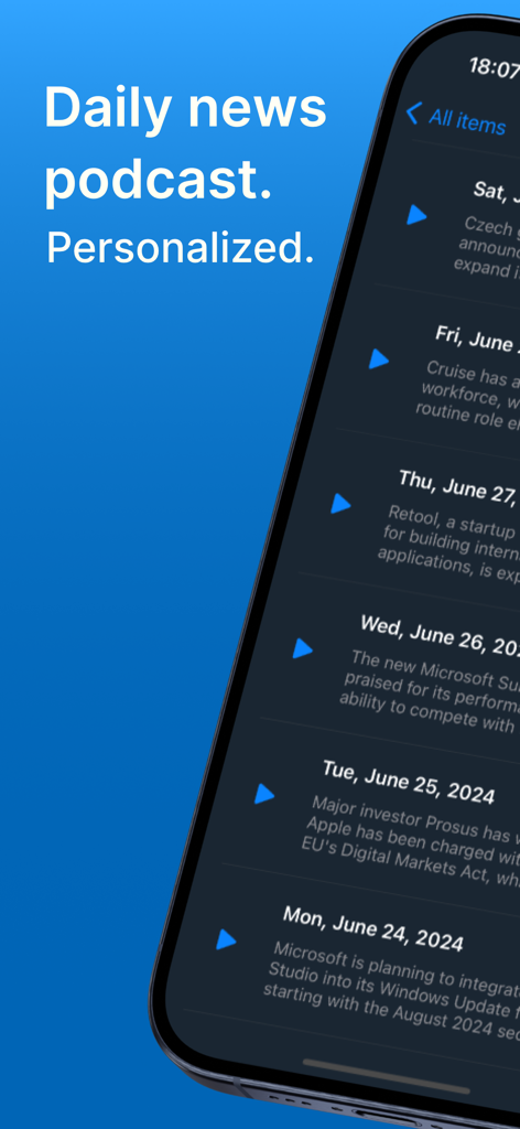 Feed Viewer RSS reader interface showing a personalized daily news podcast list on a mobile device