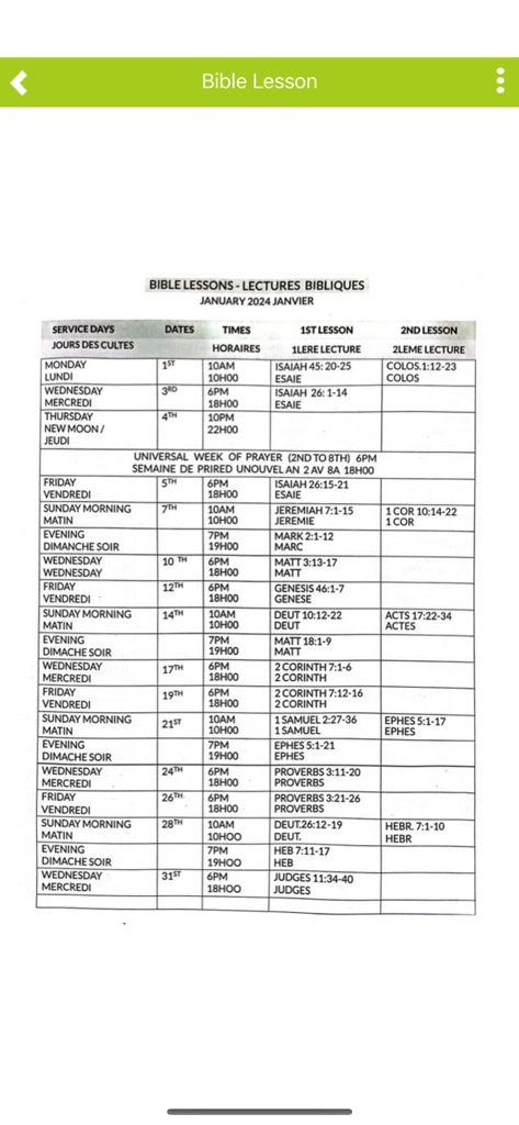 Table of Bible lesson readings and service times for January 2024 in English and French