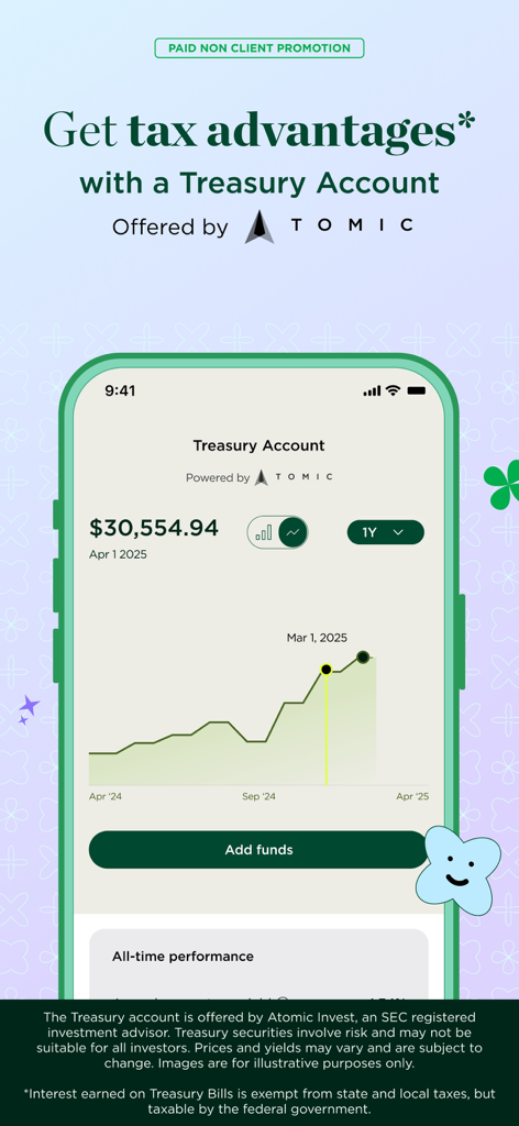 NerdWallet app interface displaying a Treasury Account balance graph with information on tax advantages