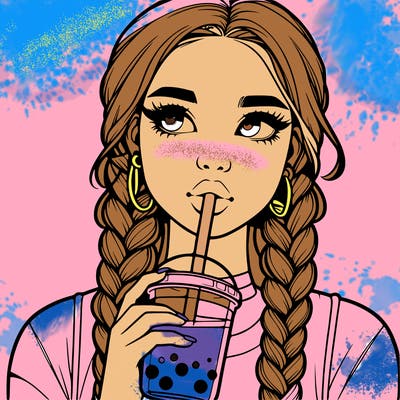 realistic girl with braided hair drinking boba