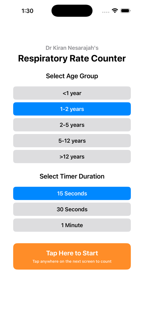 Respi Count - Setup screen of Respi Count app showing options to select patient age group and timer duration.
