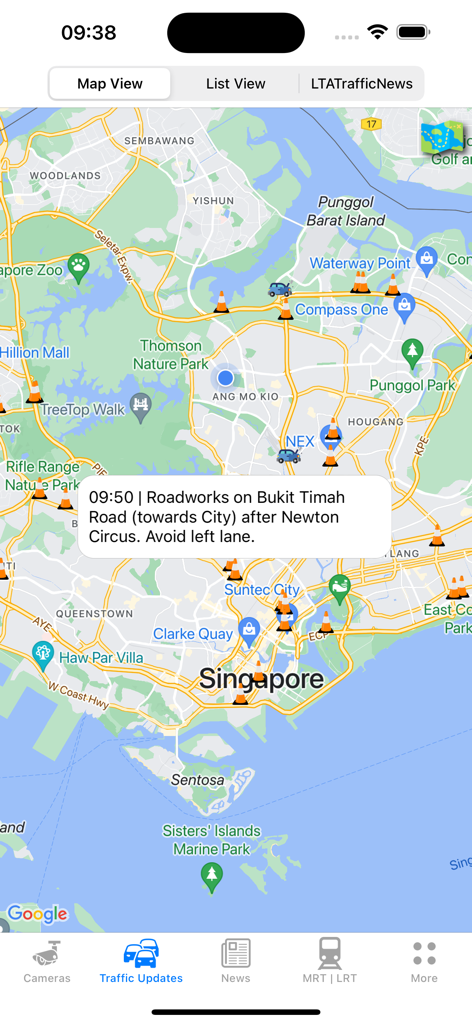SG Traffic Cameras & Updates - A map of Singapore in the app displaying icons for roadworks and accidents with a detailed traffic notification popup.