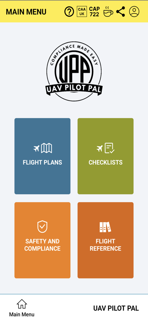 The main menu of the UAV Pilot Pal app featuring navigation tiles for flight plans checklists safety compliance and flight reference