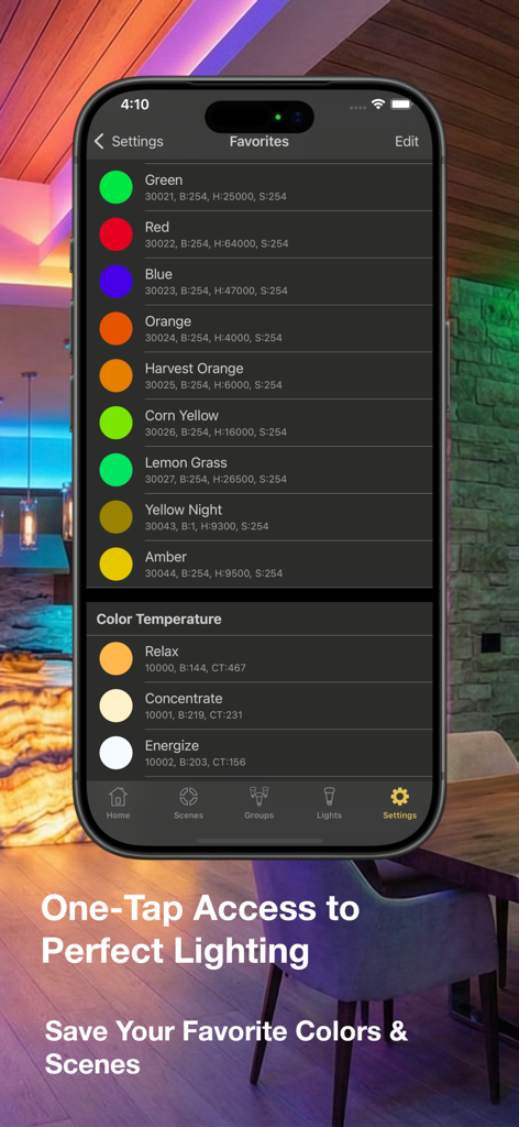 Hue Lights app screen showing a list of favorite color presets and color temperature settings like Relax and Energize