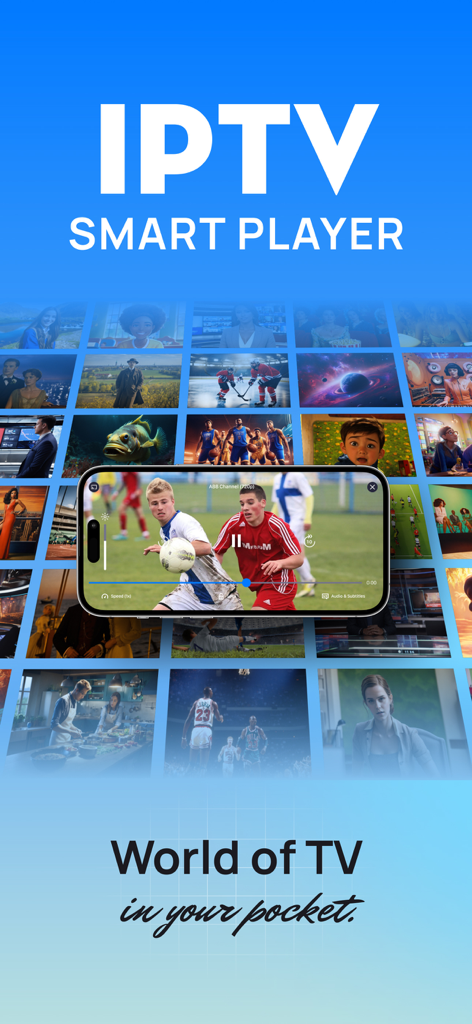 IPTV Smart Player Xtream STB - IPTV Smart Player interface displaying live soccer and a variety of TV programs on a mobile screen