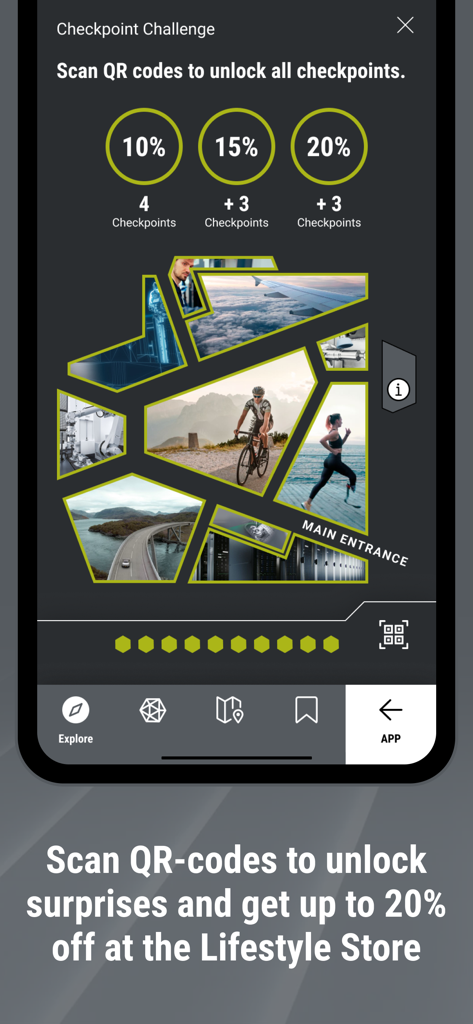 DMG MORI - DMG MORI 앱 체크포인트 챌린지 화면으로 무역 박람회에서 QR 코드를 스캔하면 받을 수 있는 보상과 할인이 표시됩니다.