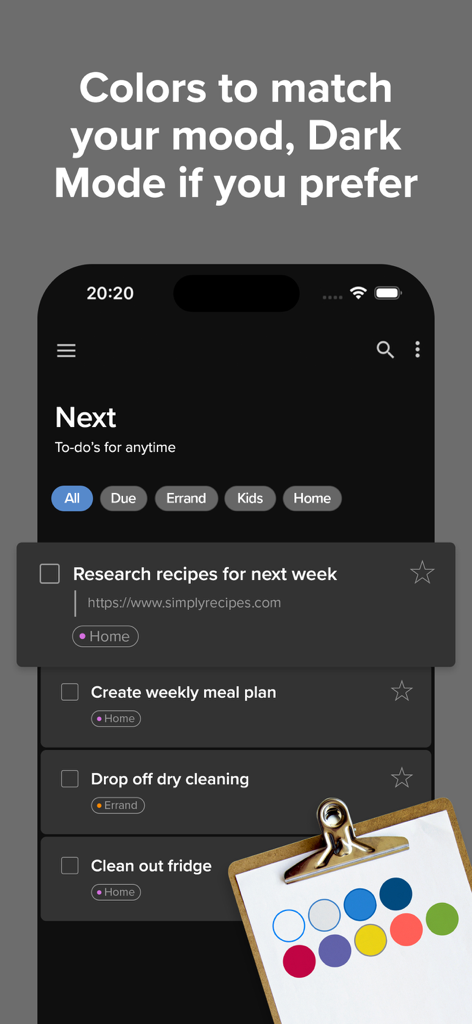 Nirvana for GTD app interface in dark mode displaying a list of tasks and color theme options