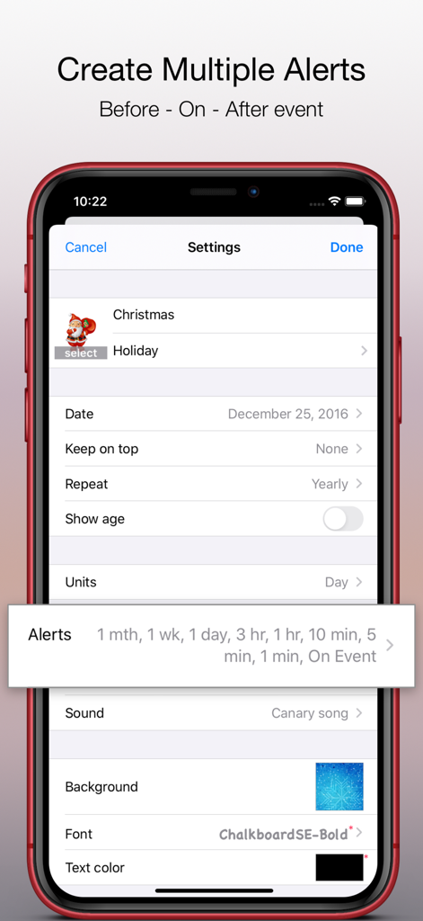 Reminder & Countdown - Settings screen of the Reminder and Countdown app showing options to set multiple event alerts and customize backgrounds