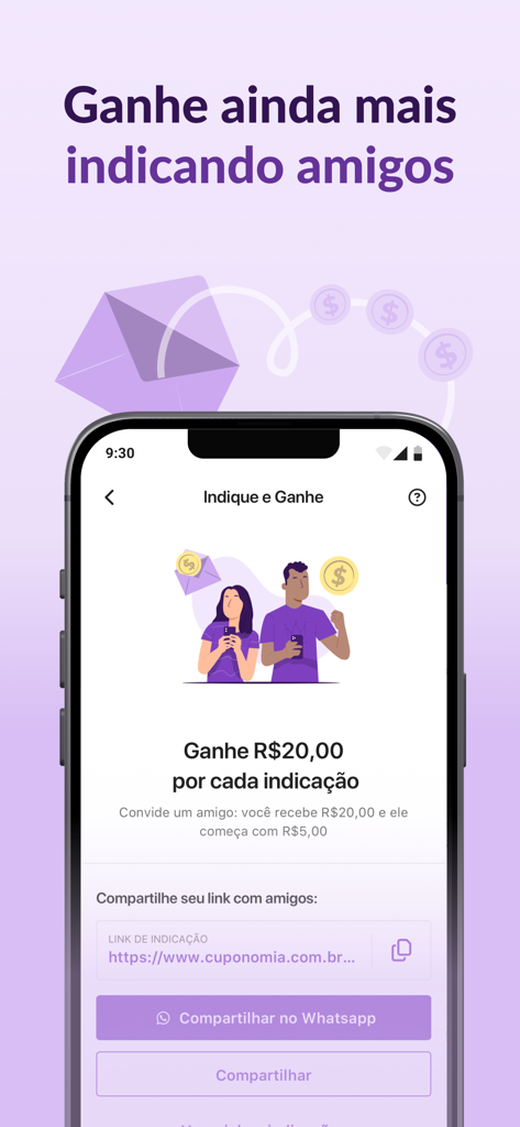 Cuponomia app refer and earn screen showing cashback bonuses