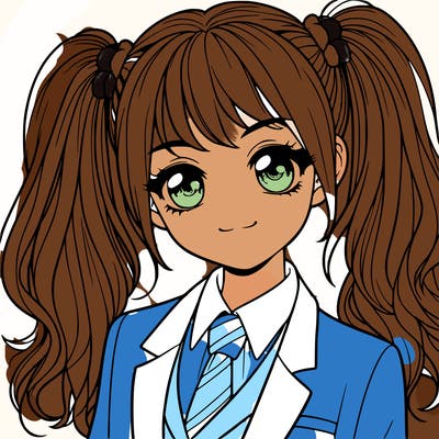 realistic girl with two ponytails and a suit on