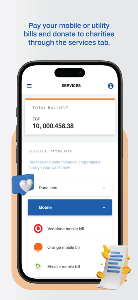 CIB Smart Wallet - CIB Smart Wallet app services screen showing options for mobile bill payments and charitable donations