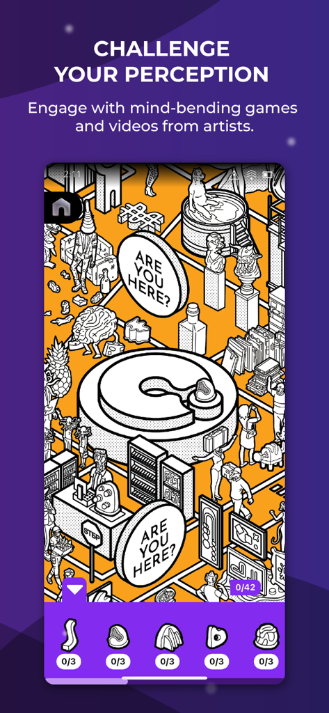 Schermata dell'app Meow Wolf che mostra un gioco interattivo che sfida la mente con illustrazioni surreali in bianco e nero su uno sfondo arancione