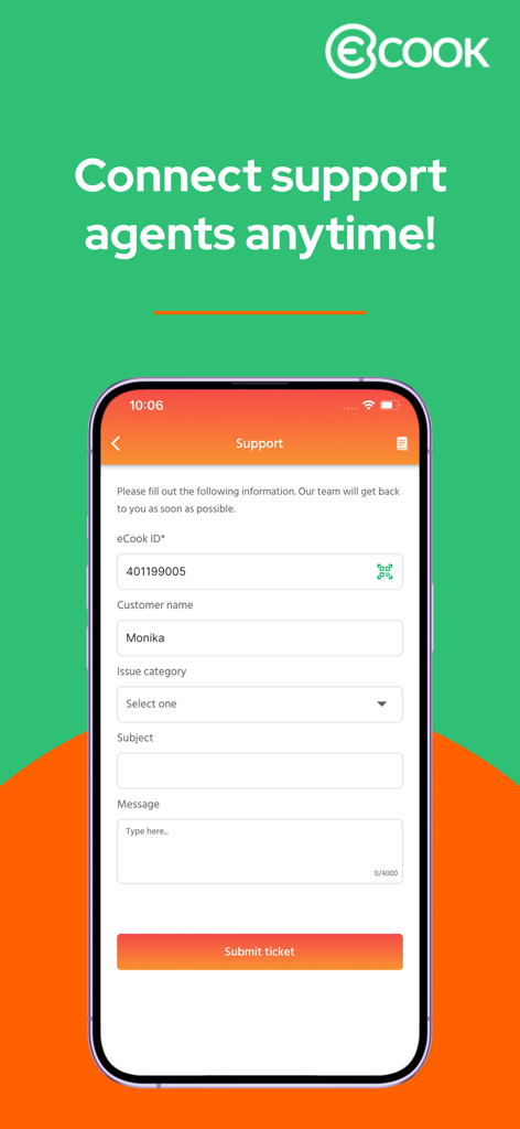 eCook app interface showing a support ticket form to contact customer service agents