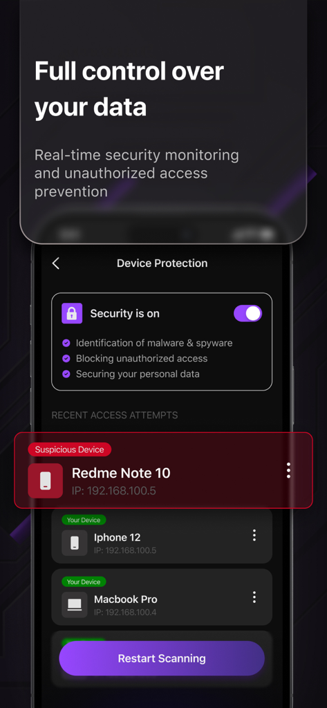 Security from Hacks & Spyware - Interface of Netrify security app showing device protection status and a suspicious access attempt alert