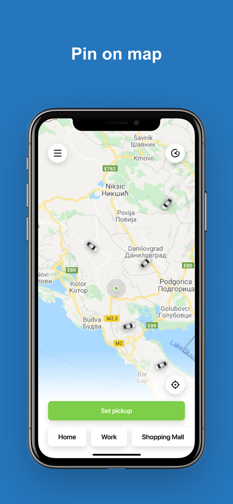TeslaGoApp rides in Montenegro - TeslaGoApp booking map interface showing Tesla car locations and pickup options in Montenegro