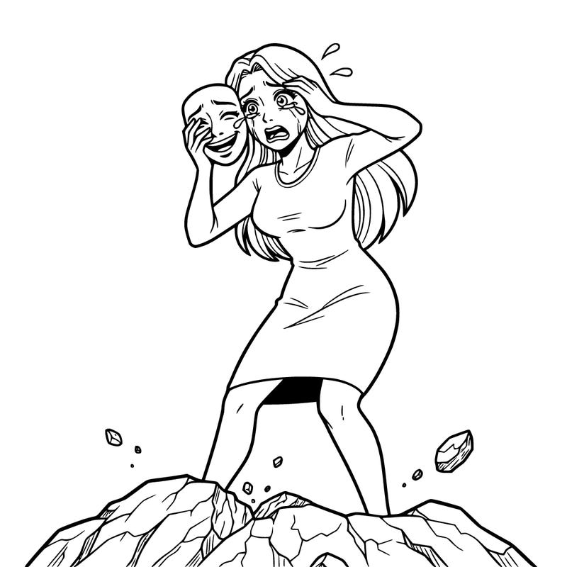 a women crying pulling a smiling mask away from her face standing on a crumbling rock
