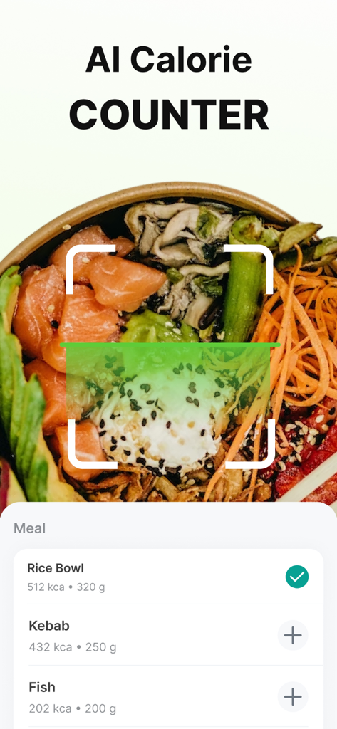 ‎Calorie Counter: Food Tracker - Interface do aplicativo Contador de Calorias mostrando registro de refeição saudável por IA