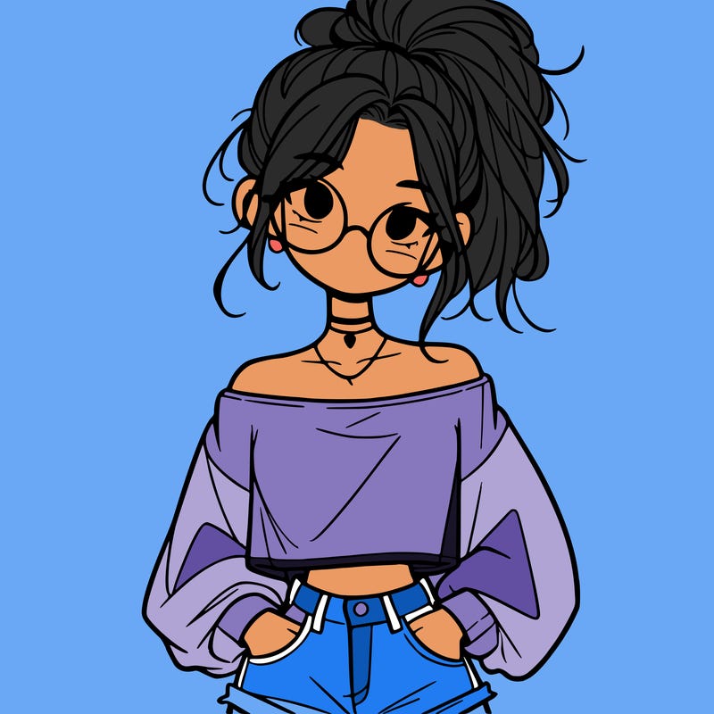 girl with a messy ponytail glasses a baggy crop top and jean shorts