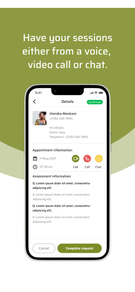 Syked app interface showing appointment details with voice video and chat session options