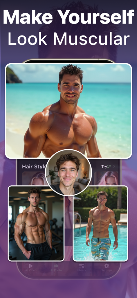 Reface AI: Swap Face & Photo - Ein Screenshot einer mobilen App, der das Gesicht eines Mannes zeigt, das auf verschiedene muskulöse Körper am Strand und im Fitnessstudio mit Reface AI getauscht wurde.