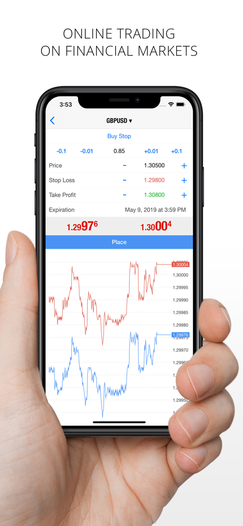 MetaTrader 4 - Smartphone screen displaying the MetaTrader 4 mobile app trading interface with currency charts