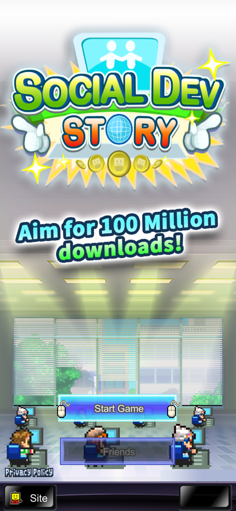Social Dev Story mobile game start screen featuring pixel art characters in an office setting