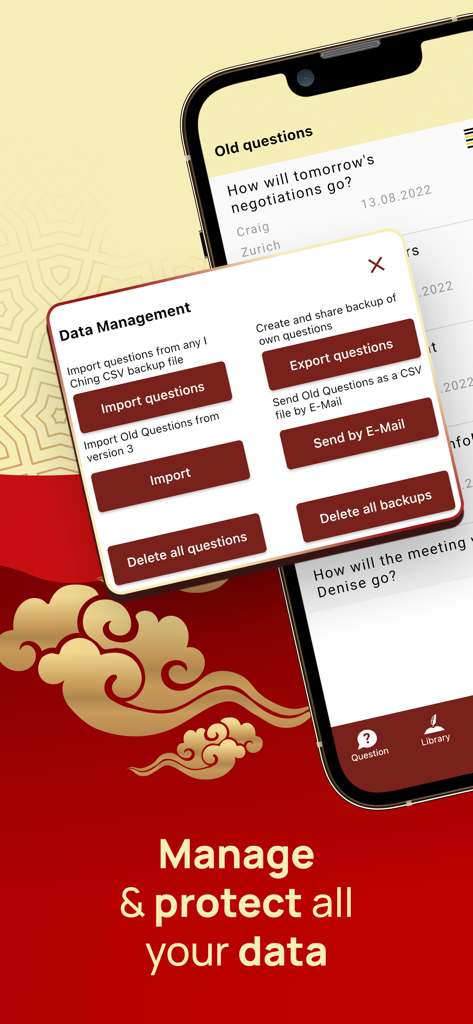 I Ching - Yi Jing Library - I Ching app data management interface showing options to import export and backup questions