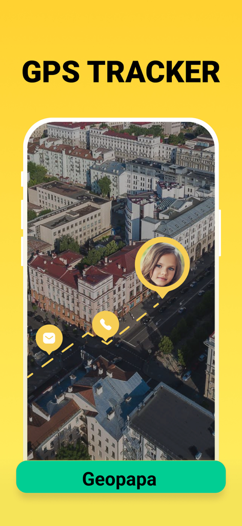 Geopapa: GPS location tracker - Geopapa app interface showing a child's location on a 3D city map for real time tracking.
