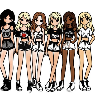 a group of girls wearing crop tops and shorts