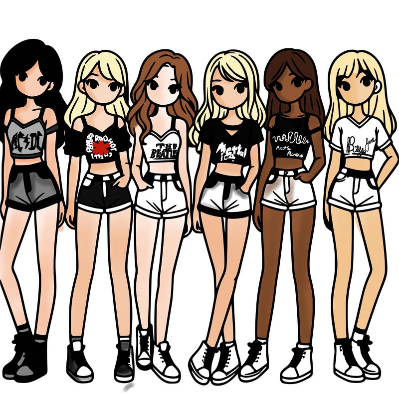 a group of girls wearing crop tops and shorts